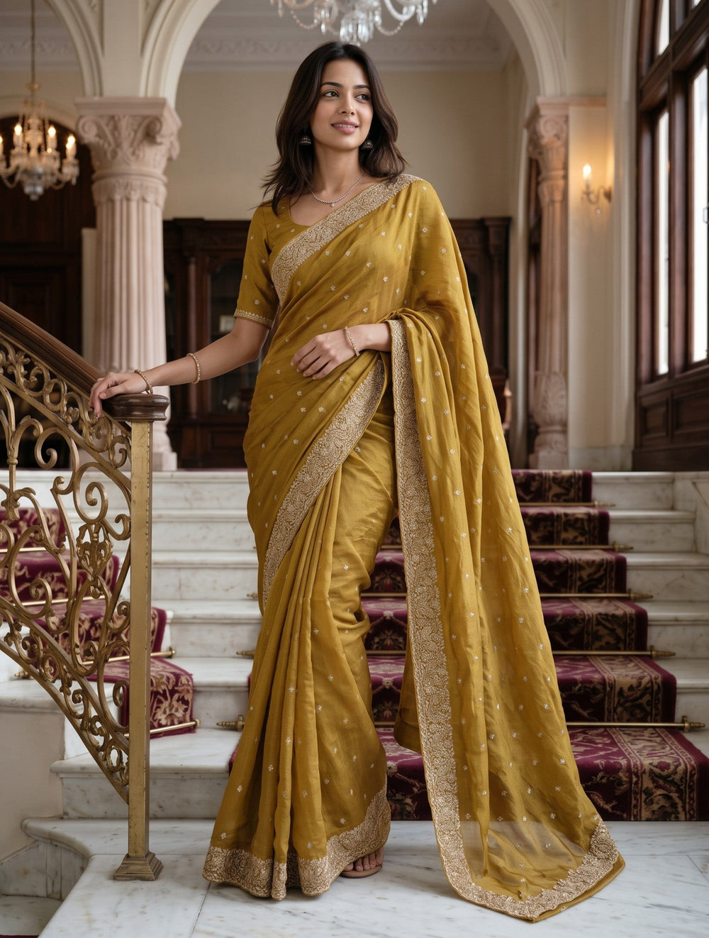 Chiffon Mustard Golden Stone Embellished Floral Border Saree