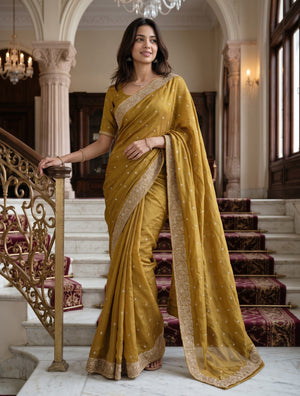 Chiffon Mustard Golden Stone Embellished Floral Border Saree
