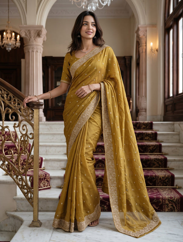 Chiffon Mustard Golden Stone Embellished Floral Border Saree