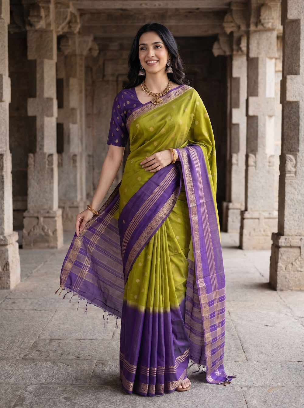 Semi Silk Olive Green Purple Mix Fabric Coin Motif Saree