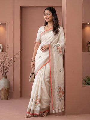 Tissue cream Saree with Multicolor Floral Embroidery and rust colour border