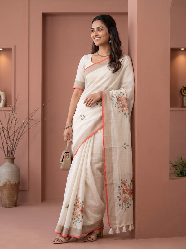 Tissue cream Saree with Multicolor Floral Embroidery and rust colour border