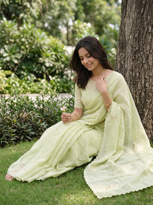 Linen Pale Yellow Self-Tone Bird Motif Saree with Scalloped Border