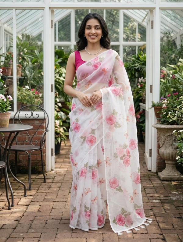 Organza Off-White Pink Rose and Dragonfly Print Saree with White Tassels