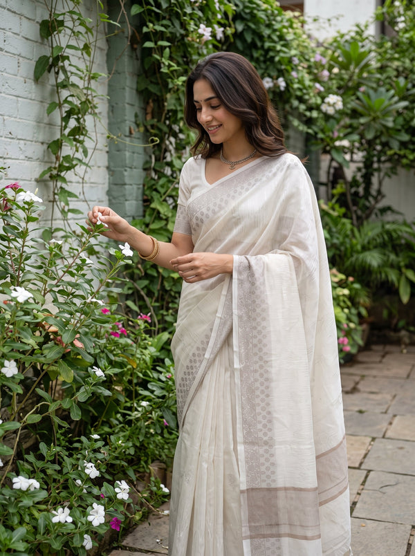 Cotton Off-White Self-Tone Textured Saree with Beige Floral Jacquard Border