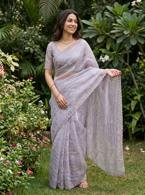 Organza Lilac Grey Bead Sequin Wave Stripe Floral Embroidered Saree