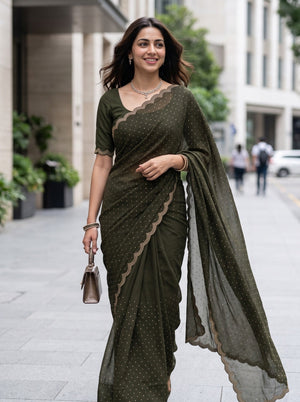 Chiffon Mehandi Green Stone Embellished Saree