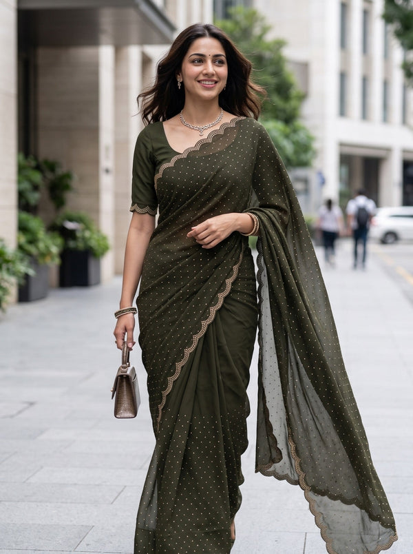 Chiffon Mehandi Green Stone Embellished Saree