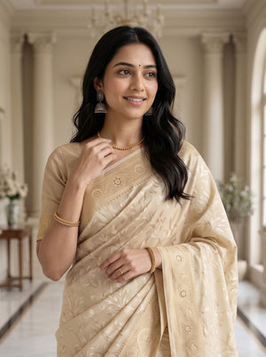Tissue Banarasi Gold Beaded Bird Motif Pallu Saree