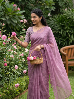 Chiffon Dusty Purple Saree with Sequin Dots and Grey Tassels