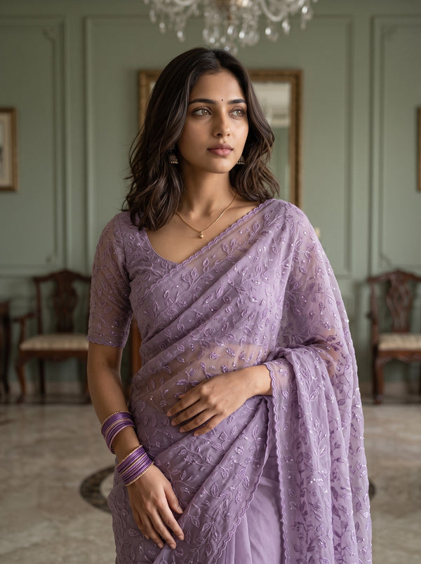 Organza Mauve Saree Self-Tone Vine Design with Sequin Work