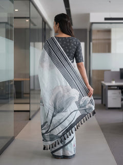 Cotton Mint Blue Saree with Watercolor Tulip Print and Striped Border