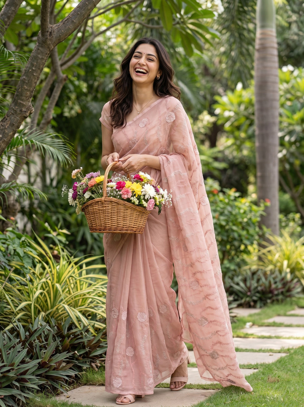 Organza Peach Pink Silver Zari Rose Floral Vine Embroidered Saree