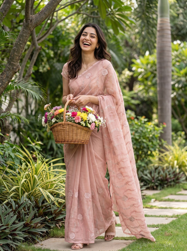 Organza Peach Pink Silver Zari Rose Floral Vine Embroidered Saree