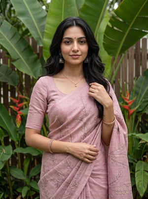 Linen Saree in Dusty Pink with Embroidered Fern Leaf Vine Design