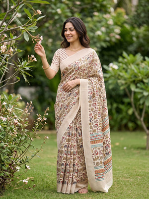 Cotton Saree in Off-White with Kalamkari Tribal Print