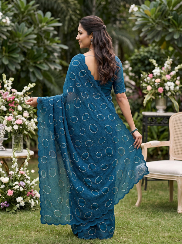 Organza Peacock Blue Zari Circle Motif Squiggle Embroidered Saree