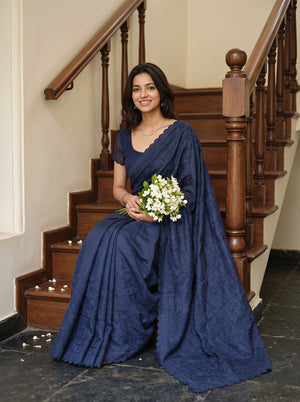 Semi Tussar Navy Blue Saree with Self-Pattern Floral Design and Scalloped Border