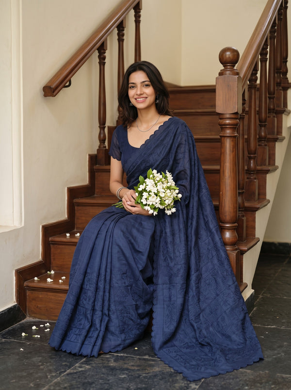 Semi Tussar Navy Blue Saree with Self-Pattern Floral Design and Scalloped Border