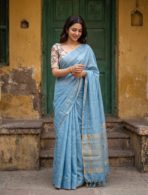 Semi Tussar Sea Blue Saree with Golden Check Grid