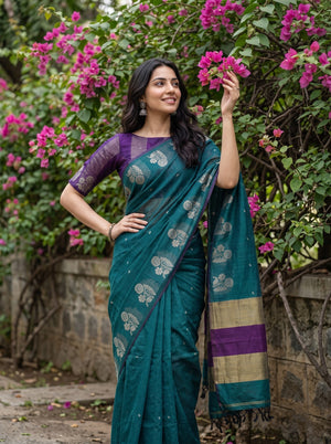 Cotton Teal Green Saree with Purple Golden Striped Border
