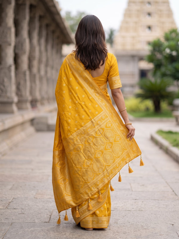 Banarasi Saree in Mustard Yellow with Golden Floral Medallion Pallu