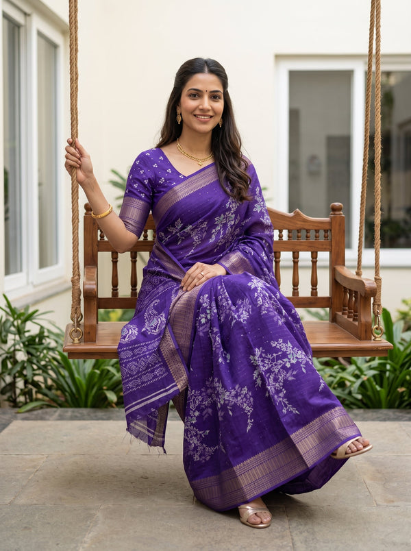 Synthetic Violet Floral Branch Print Saree with Sequin Work and Zari Border