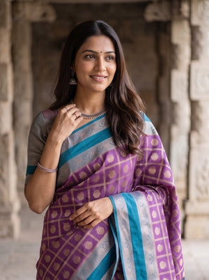 Semi Silk Violet Checkered Peacock Blue Paisley Saree