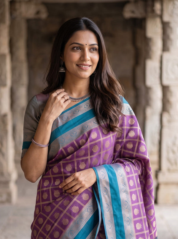 Semi Silk Violet Checkered Peacock Blue Paisley Saree
