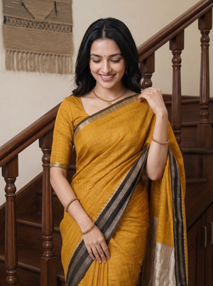 Cotton Silk Mustard Yellow Golden Zari Pallu Saree