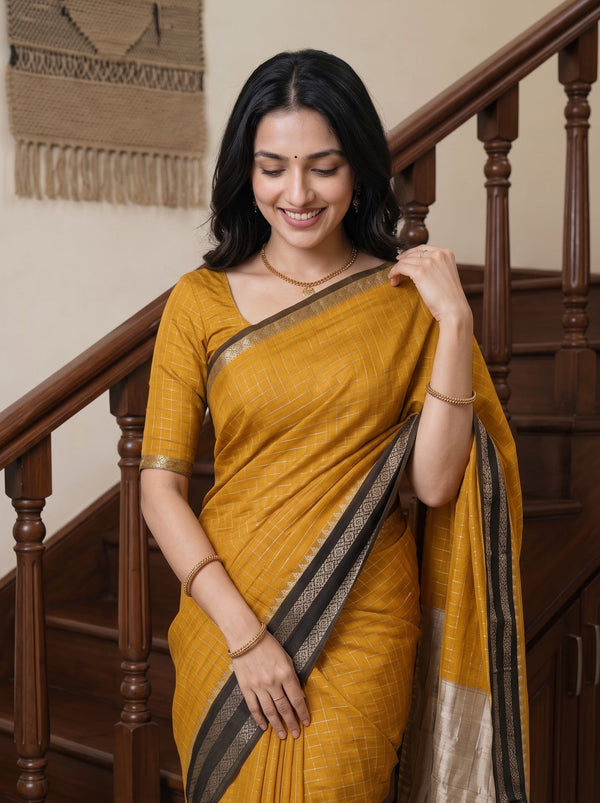 Cotton Silk Mustard Yellow Golden Zari Pallu Saree