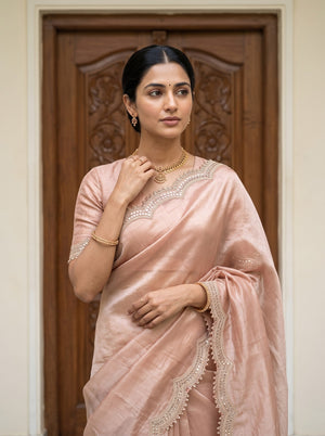 Tissue Peach Saree with Scalloped Sequin Lace Border
