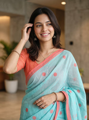 Cotton Mint Green Polka Dot Print Saree, Coral Pinstripe Pallu