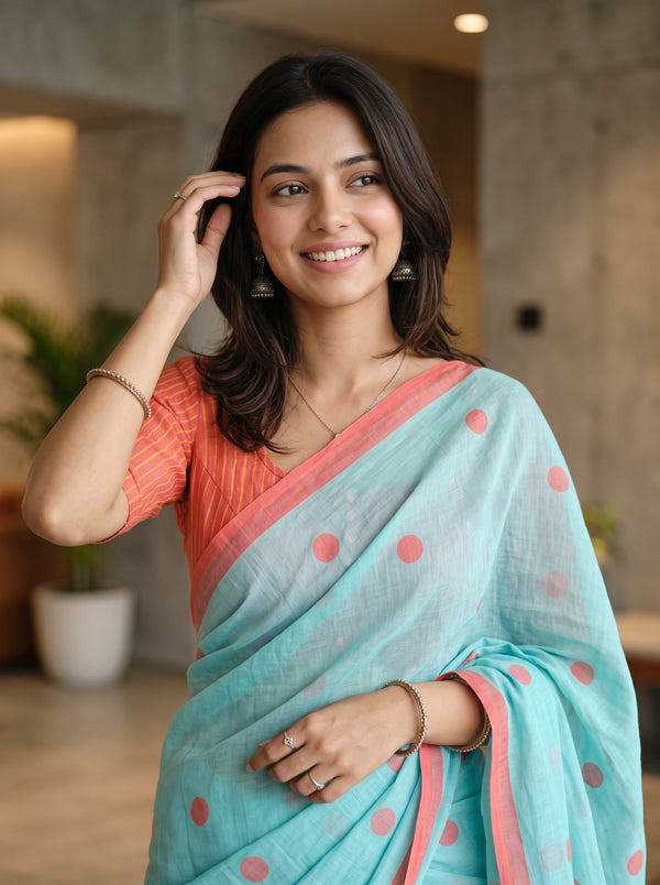 Cotton Mint Green Polka Dot Print Saree, Coral Pinstripe Pallu