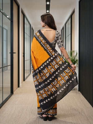 Cotton Black yellow Tribal Batik Print Saree