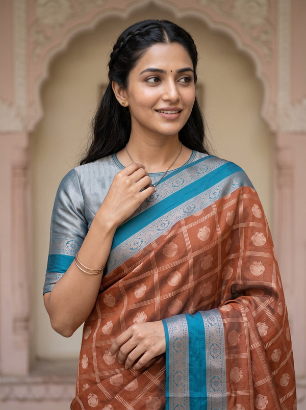 Semi Silk Burnt Orange Checkered Peacock Blue Paisley Saree