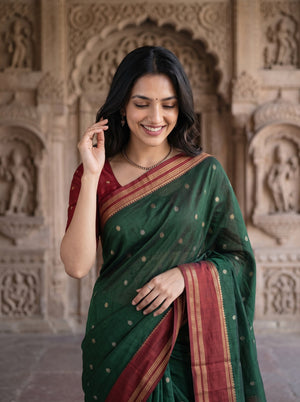 Semi Silk Bottle Green Red Zari Ganesha Motif Saree with Tassels
