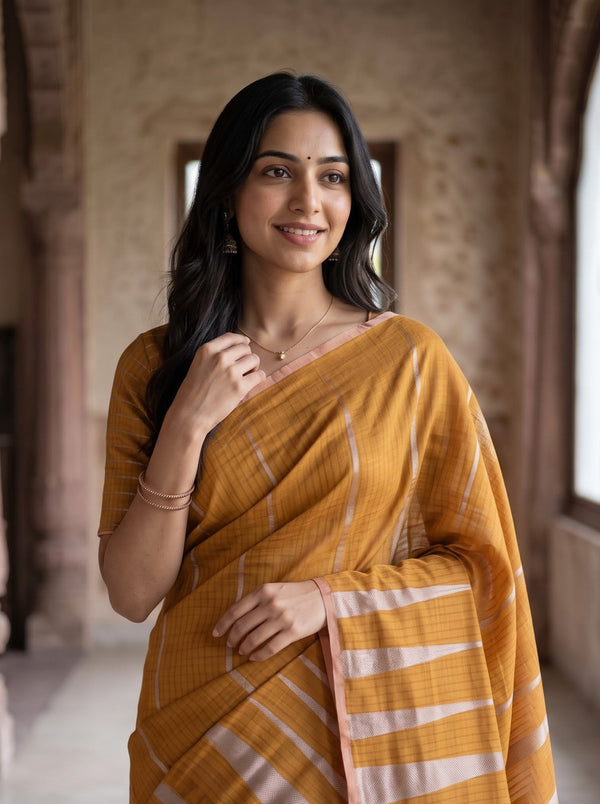 Matka Silk Mustard Golden Silver Ikat Flame Weave Saree