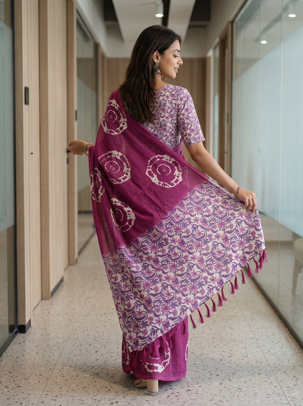 Cotton Magenta Saree with Purple Floral Vine Pallu