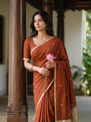 Cotton Rust Orange Golden Dotted Butta Shimmer Pallu Tasseled Saree