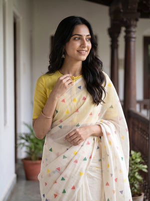 Cotton White Saree with Multicolor Triangle Print and Yellow Border