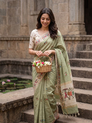Semi Tussar Sage Green Warli Tribal Print Saree