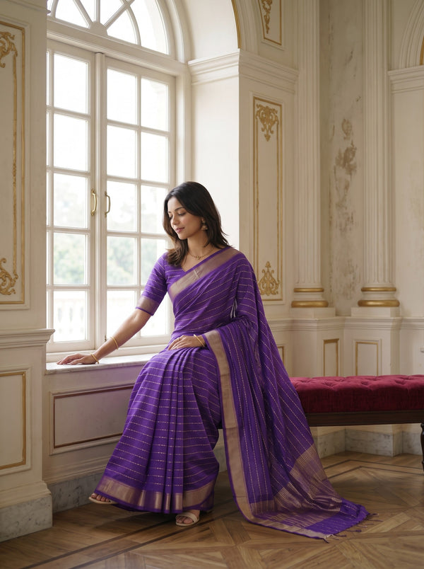 Semi Silk Purple Pinstripe Saree with Golden Zari Woven Pallu