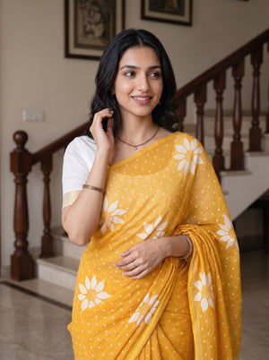 Cotton Yellow Saree with White Daisy Print and Polka Dots