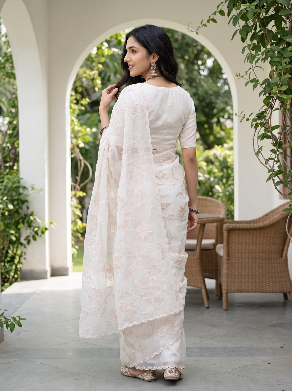 Organza Ivory Saree with Self-Tone Floral Vine Embroidery