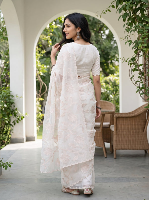 Organza Ivory Saree with Self-Tone Floral Vine Embroidery