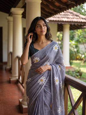 Cotton Grey Daisy Floral Print Saree
