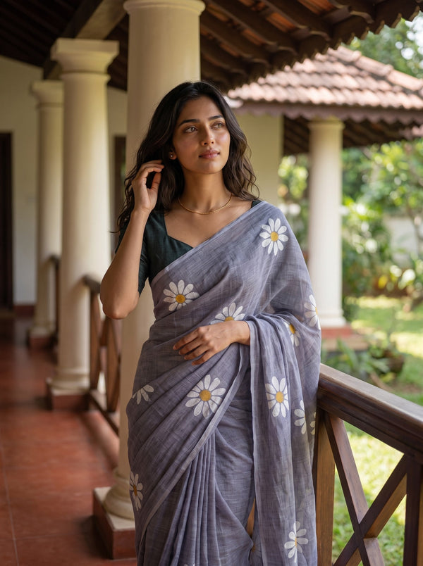 Cotton Grey Daisy Floral Print Saree