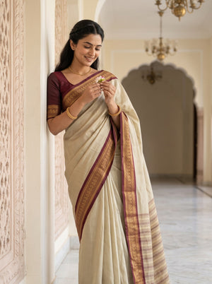 Semi Silk Beige Cream Pinstripe Saree with Maroon Zari Border
