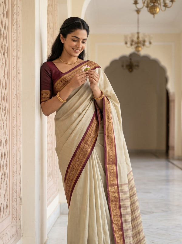 Semi Silk Beige Cream Pinstripe Saree with Maroon Zari Border